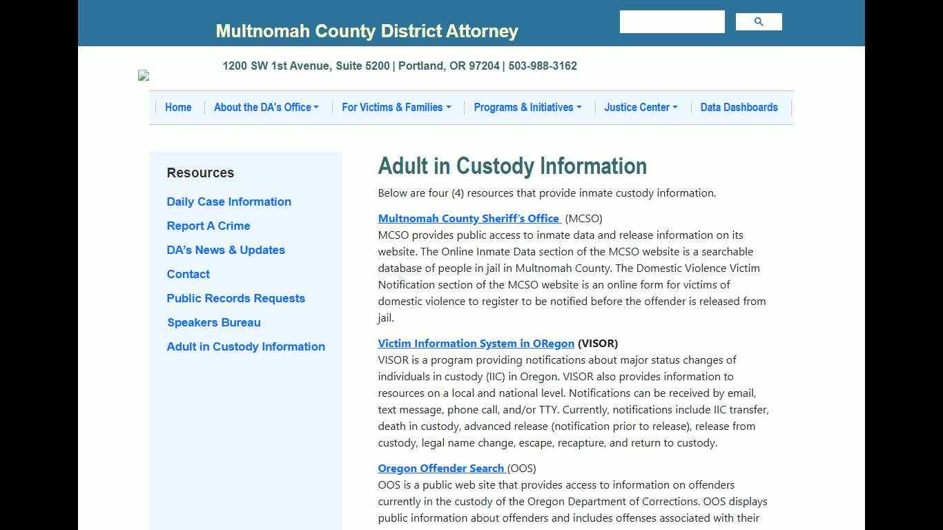 Adult in Custody Information Multnomah County District Attorney