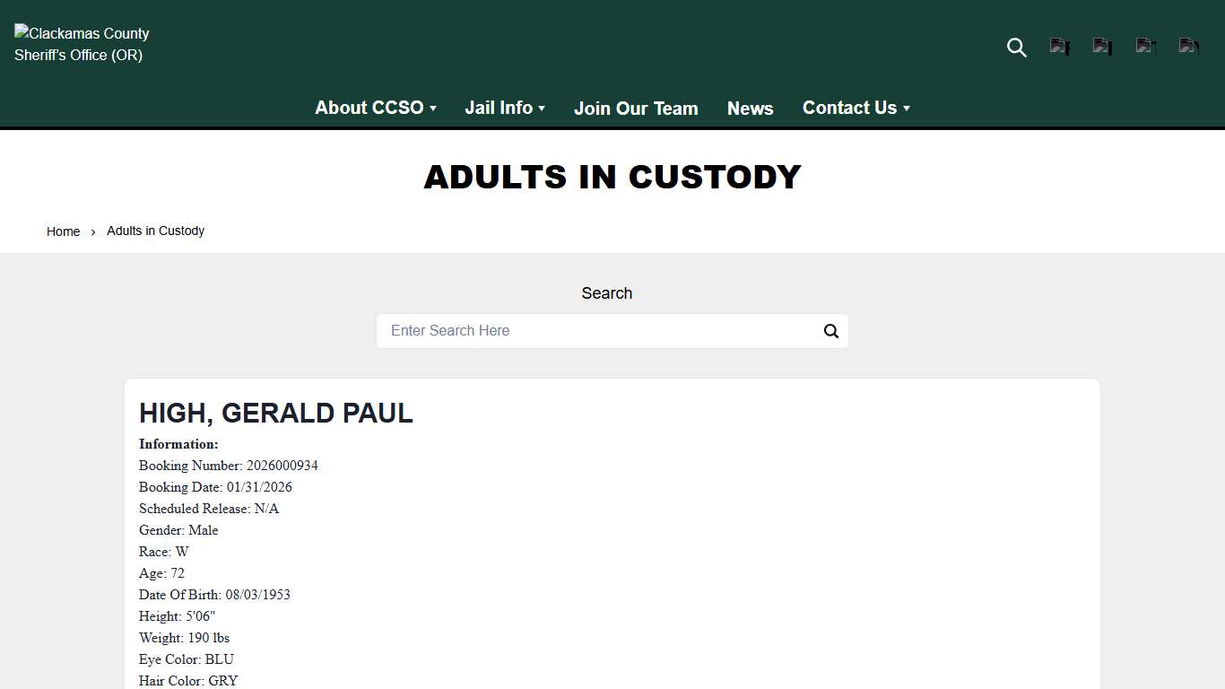 Adults in Custody Clackamas County Sheriff’s Office (OR)
